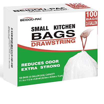 BEIDOU-PAC Trash Bags 2.6 Gallon Drawstring, 100 Count, Multifold Roll Garbage Bags, Small Kitchen Trash Bags, Odorless & Extra Thick White Plastic Food Scrap Bag for Home Office Bathroom Kitchen Bins - style: 2.6 Gallon |100 Count