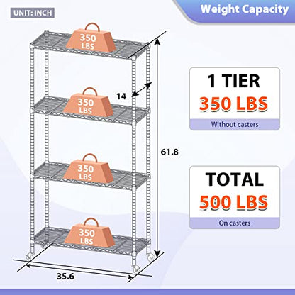 FDW | 4-Tier Wire Shelf with Wheels | 36" x 14" x 62" | Chrome - color: Chrome, size: 36×14×62