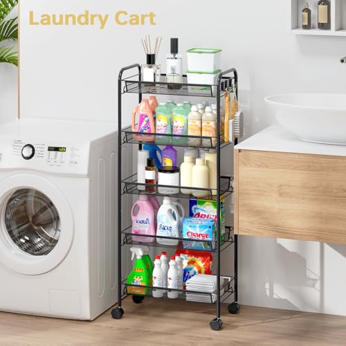 TOOLF 5 Tier Rolling Cart, Metal Utility Storage Cart with Wheels, Black - color: Black, size: 5-Tier