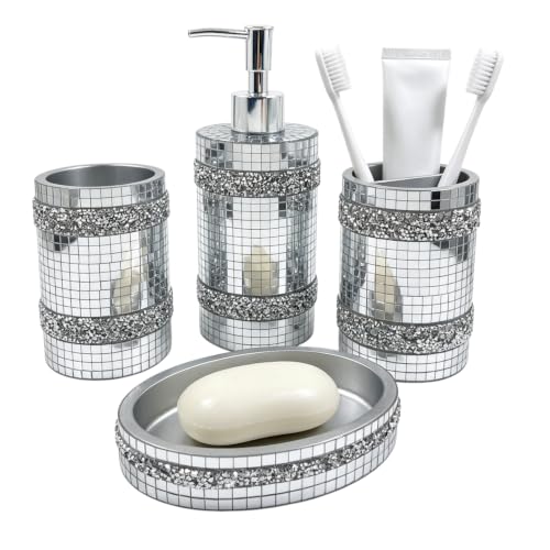 Silver Bathroom Accessories Set, Mosaic Decoration 4-piece Set - size: 4 Pc Set