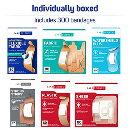 Care Science Variety Adhesive Bandages Pack, Assorted Sizes, 300 Count