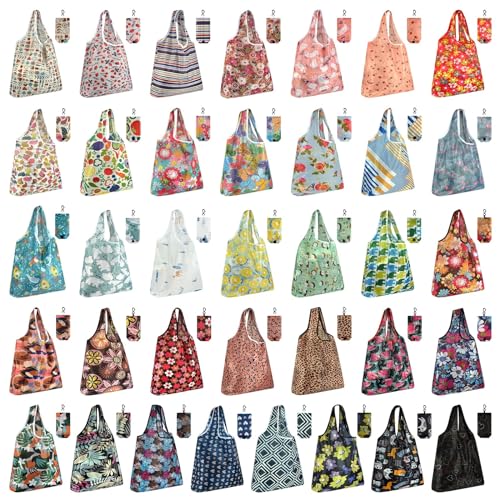 MIAHART Reusable Grocery Bags - Foldable, Cute Tote Bags - Waterproof Nylon - color: Blue, Green, Black, Grass -Green, Light Purple