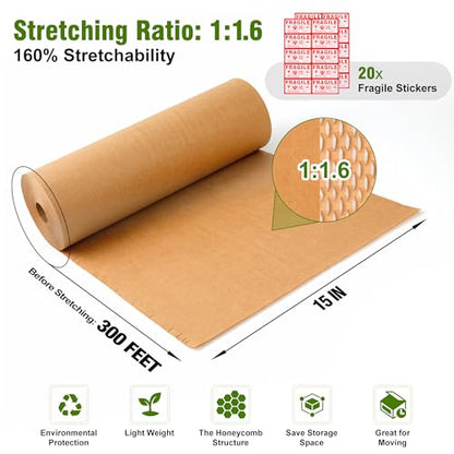Honeycomb Packing Paper 15" Width X 300 FT for Moving Glass Dishes Recyclable Wrapping Paper Bubble Wrap Packing Material for Shipping Fragile Items Shipping Filler with 20 Fragile Stickers - size: 15"x300'