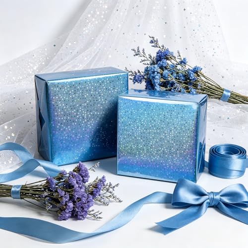 Vnaaem Blue Holographic Wrapping Paper Roll - Metallic Foil Stars Design Gift Wrap for Birthday Kpop Party Graduation Wedding Baby Shower(17 IN x 16.5 Ft) - color: Blue Metallic Stars