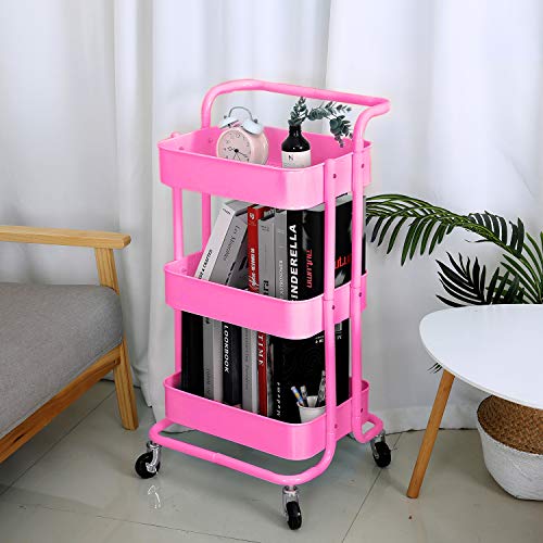 3-Tier Metal Mesh Rolling Cart Storage Organizer with Utility Handle and Wheels, Pink - color: A- Pink