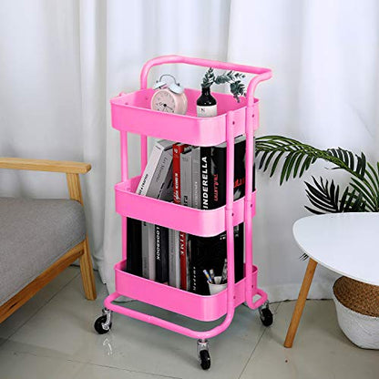 3-Tier Metal Mesh Rolling Cart Storage Organizer with Utility Handle and Wheels, Pink - color: A- Pink