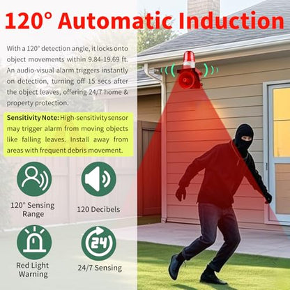 AC110V Motion Sensor Alarm with Human Detection, 120dB Adjustable Siren & Red LED Strobe Lights Outdoor Security Alarm for Home Theft, Animal Intrusion, Garden Protection, Property Protection