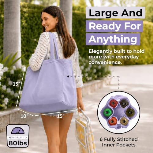 VeraMia Canvas Grocery Bag 3pc XL Set with Real Pockets, Long Shoulder Strap and Short Handle. Heavy Duty, Foldable, Washable - color: Lavender