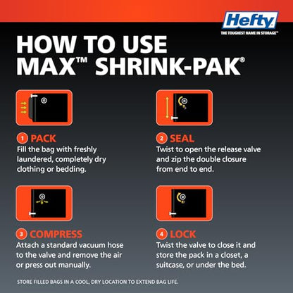 Hefty MAX Shrink-Pak Vacuum Seal Storage Bags for Clothing, Travel, Bedding | Tear & Water Resistant, Dual-Valve Space Saver Compression Bags - Large, 4-Pack