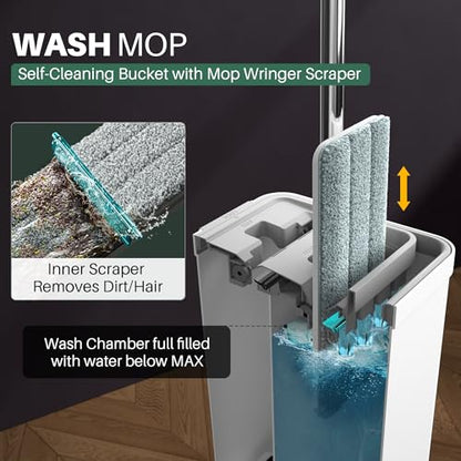JOYMOOP Flat Mop System, Microfiber Mop and Bucket Set, White, Commercial & Household Use, Hardwood Floor & Wall Cleaning Mop with Long Handle, 4 Microfiber Pads - color: K