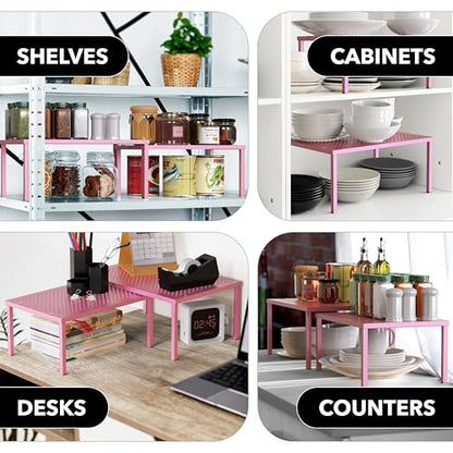 Simple Houseware Expandable Stackable Kitchen Counter Shelf Organizer, Pink, Metal Top, 11.25 in L x 7.9 in W x 5.4 in H - color: Pink