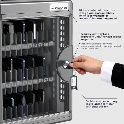 36 Slots Cell Phone Locker for Classroom with Key, Portable Mobile Phone Storage Box with Handle & Charging Hole, Phone Lock Box Wall Mounted for School (Black, 36 Slots) - size: 36 Slots