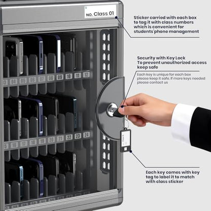 36 Slots Cell Phone Locker for Classroom with Key, Portable Mobile Phone Storage Box with Handle & Charging Hole, Phone Lock Box Wall Mounted for School (Black, 36 Slots) - size: 36 Slots