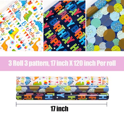 Viadom Dinosaur Birthday Wrapping Paper 3 Rolls Happy Birthday Dinosaur Balloon Printed Gift Wrapping Paper for Boys Girls Kids - Mini Roll 17 inch x 120 inch(10feet) Per Roll - color: Blue/White Dinosaur