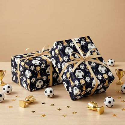 RUSPEPA Soccer Wrapping Paper Roll, Mini Roll, Football Trophy & Gold Star Design, Black Gift Wrap Paper for Boys, Kids, Teens, Sports Fans, Team Celebration, Football Party, 17 Inches x 16.4 Feet - color: Black Gold Soccer