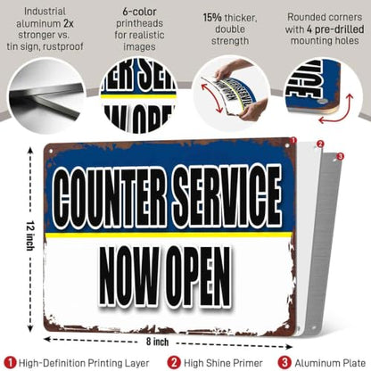 Funny Metal Sign Counter Service Now Open Aluminum Wall Decor 8x12 Inch for Living Room Bedroom Office Bar Café Restaurant and Garage