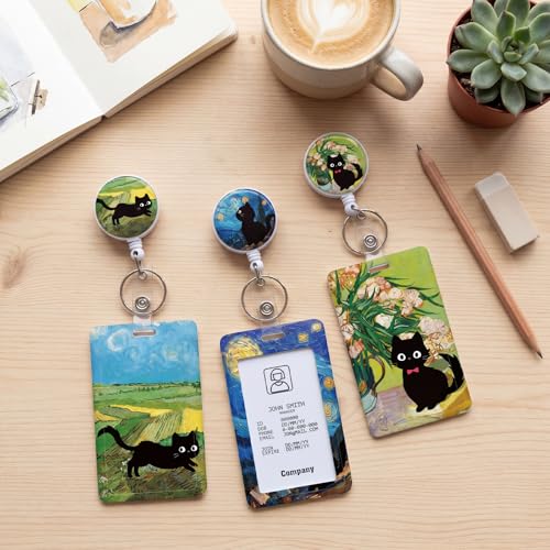 3 Pack Cat Badge Holder with Retractable Reel and Clip, Vertical Id Case - color: Cat