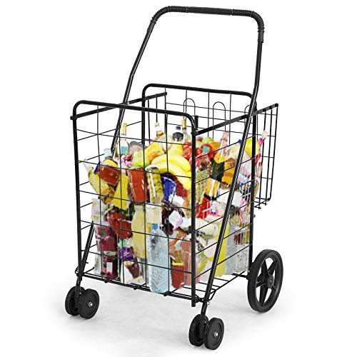 Happygrill Folding Shopping Grocery Cart Metal Rolling Cart with Double Basket Non-Slip Handle and Swivel Wheels, Light Weight Utility Cart for Laundry Book Luggage Travel