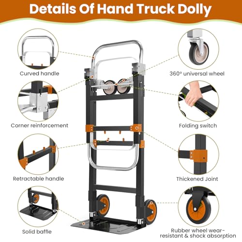 3-in-1 Folding Hand Truck,600lb Convertible 4 to 2 Wheel Dolly Cart Orange - color: Orange