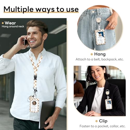 Retractable Badge Holder with Detachable Lanyard, White Lattice - color: White Brown Lattice