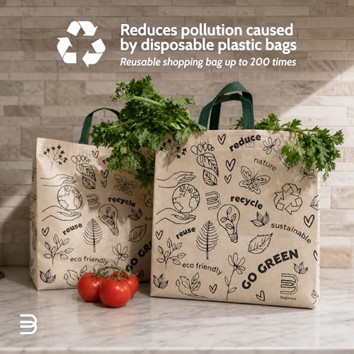 Bagways 50 PACK Reusable Grocery Bags with Handles, Durable, Foldable, Washable Eco-Friendly Shopping Tote Bags Bulk, 14x6.5x14 Inch Beige/Green EcoDoodles - for Groceries & Events - size: 50 Pack- Eco Doodle