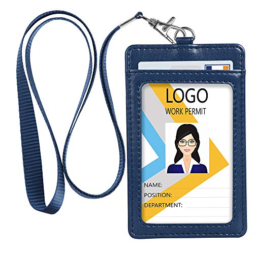 Teskyer Badge Holder with Lanyard, Leather ID Name Badge Card Holder with Lanyard for ID Badges, Vertical Blue - color: Blue, size: Vertical