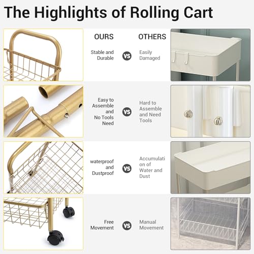 3 Tier Rolling Utility Cart, Storage Trolley Service Cart with Wheels Easy Assembly for Kitchen, Living Room, Office, Salon, Gold