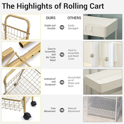 3 Tier Rolling Utility Cart, Storage Trolley Service Cart with Wheels Easy Assembly for Kitchen, Living Room, Office, Salon, Gold