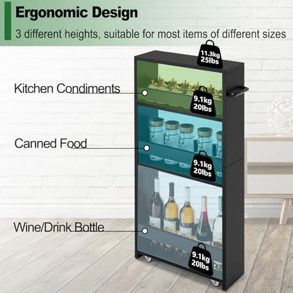 MARTY Slim Rolling Storage Cart, Wood Utility Kitchen Bathroom Laundry Cart - color: Black, size: 5.51"D x 15.75"W x 31.5"H