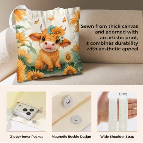 Cute Canvas Tote Bag for Women, Book Totebag with Zipper Pocket - color: Highland Cow