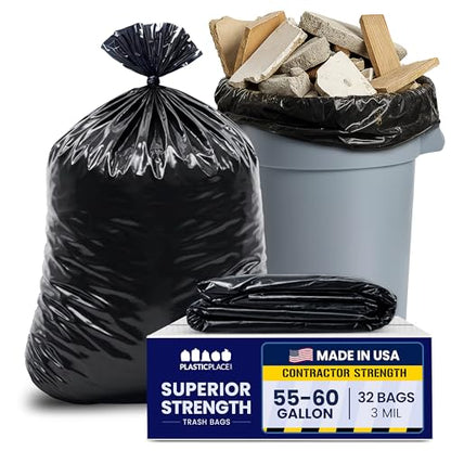 Plasticplace Contractor Trash Bags 55-60 Gallon │ 3.0 Mil │ Black Heavy Duty Garbage Bag │ 38” x 58” (32 Count) - color: Black, size: 1 Count (Pack of 32)