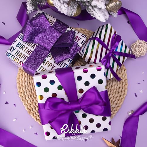 Ribbli Birthday Wrapping Paper Iridescent Gift Wrapping Paper Mini Roll, 3 Rolls Happy Birthday Polka Dots Stripes Printed Assortment - 17 inch x 120 inch(10feet) Per Roll - color: Iridescent