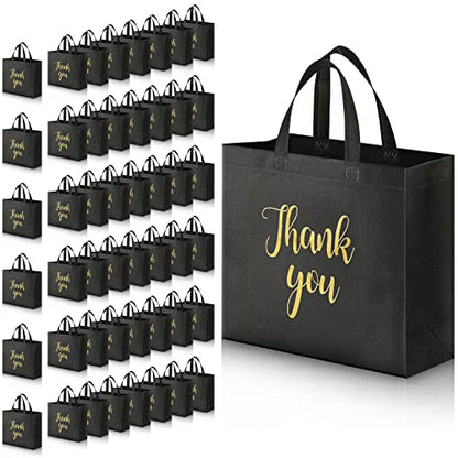 Fumete 50 Pcs Reusable Thank You Gift Bags Bulk Non Woven, Black, Gold