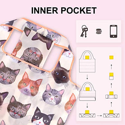 NymphFable Cat Shopping Bags, 6 Pack Reusable Grocery Tote Bags 50LBS - color: Cute Cat