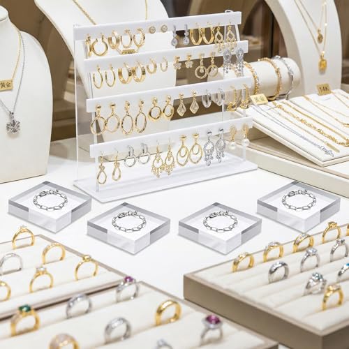4 Pcs Acrylic Display Block, 4 x 4 x 1 Inch Clear Polished Square Cube Riser Pedestal Stand for Jewelry Rings Cake Perfume Ornaments Collection