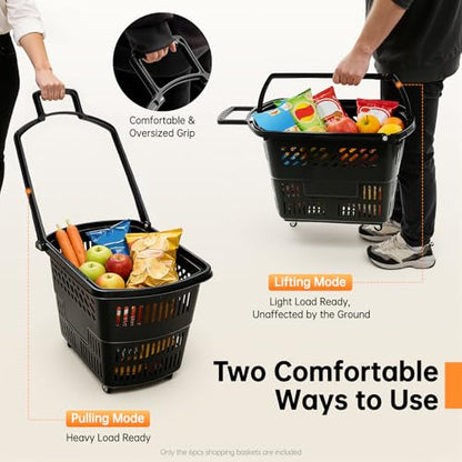 6PCS 35L Shopping Carts with Wheels and Handle, Heavy Duty Plastic Rolling Shopping Basket with Foldable Handle 4 Wheels, Portable Shopping Basket Set for Supermarkets Retail Stores (Black)