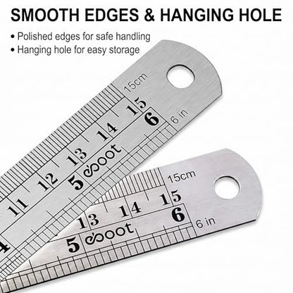 EBOOT Stainless 2 Pack Steel Ruler 6 Inch Metal Rule Kit with Conversion Table - color: Silver, style: 6 Inch, 6 Inch Style