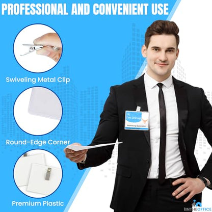 1InTheOffice Name Badge Holder with Clip 3x4, Clear Name Tag Holder and Metal Clips, Plastic, White Inserts, (50 Pack)