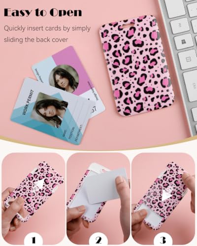 Uniclife Cute ID Badge Holder with Lanyard - color: Black Leopard Print & Pink Leopard Print