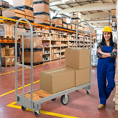 HaulPro Narrow Aisle U-Boat Platform Truck Dolly | 16 x 60 Heavy Duty Utility Cart with Thick Wood Deck | Premium Hand Truck Can Hold Loads Up to 2,000 Pounds | Hand Cart with Dual Removable Handles - size: 16 x 60 " Wood U-Boat