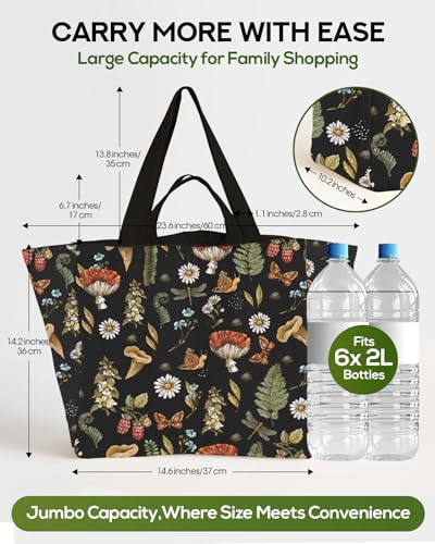 Miss Adola Cute Extra Large Canvas Grocery Tote Bag - color: Black Mushroom