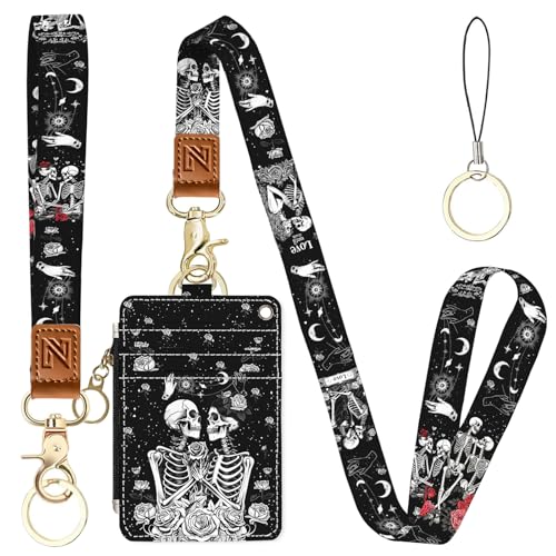 2-in-1 ID Badge Holder & Lanyard Wallet，Cute Zippered Pouch Skeleton Love - color: Skeleton Love