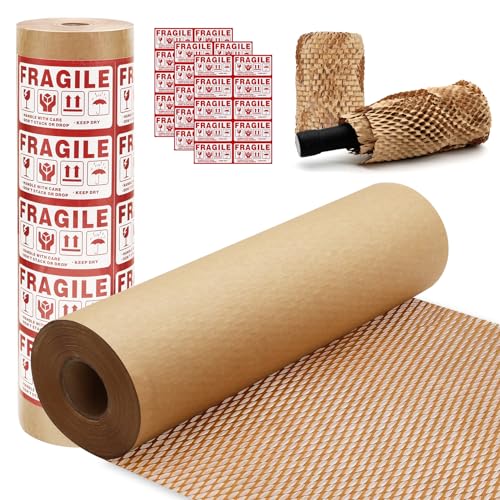 Honeycomb Packing Paper PINENUTS 15" x 131' Eco Friendly Packing for Moving Recyclable Honeycomb Paper Bubble Wrapping with 30 Fragile Sticker Labels and 66fthemp rope (Brown) - color: Brown