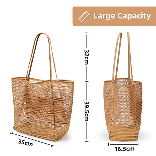KALIDI Beach Mesh Tote Bag, Casual MAX 23L Summer Foldable Hobo Bag Women - color: Kakhi