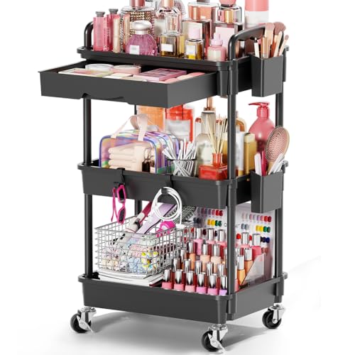 Goovilla Rolling Makeup Organizer Cart with Removable Drawer, 3 Tier Black - color: Black, size: 3 Tier