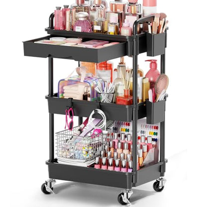 Goovilla Rolling Makeup Organizer Cart with Removable Drawer, 3 Tier Black - color: Black, size: 3 Tier