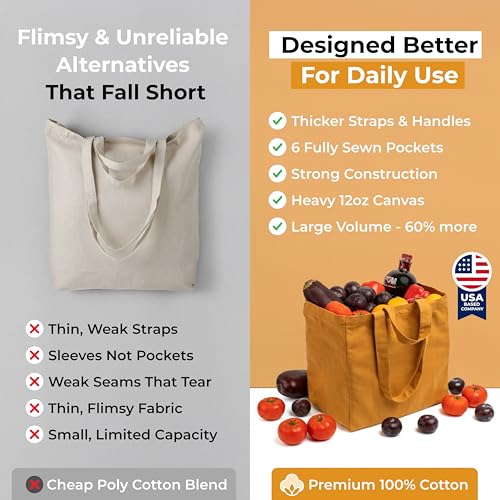 VeraMia Canvas Grocery Bag 3pc XL Set with Real Pockets, Long Shoulder Strap and Short Handle. Heavy Duty, Foldable, Washable - color: Butterscotch