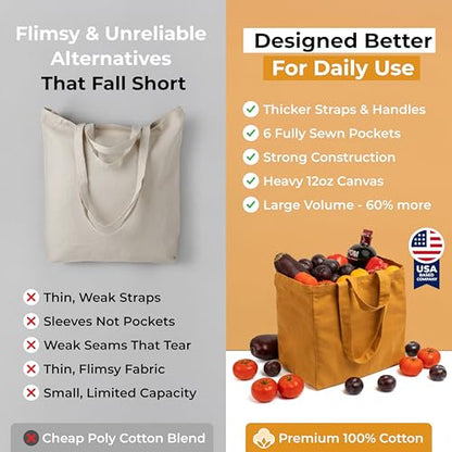 VeraMia Canvas Grocery Bag 3pc XL Set with Real Pockets, Long Shoulder Strap and Short Handle. Heavy Duty, Foldable, Washable - color: Butterscotch