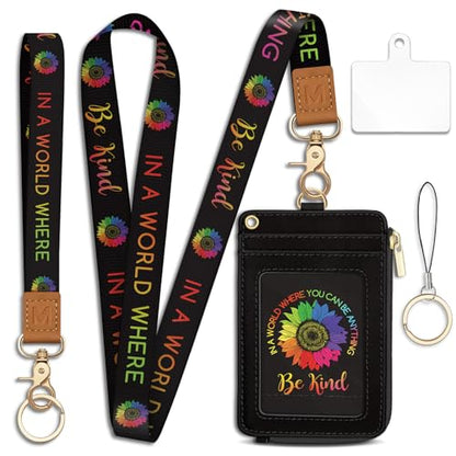 Be Kind Sunflower Lanyard Wallet with ID Badge Holder, Small RFID Keychain - color: Be Kind Sunflower