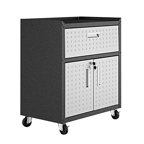 Manhattan Comfort Fortress Textured Metal 31.5" Garage Mobile Cabinet with 1 Full Extension Drawer and 2 Adjustable Shelves, Black/Gray - color: Black/Grey, style: Storage Cabinet